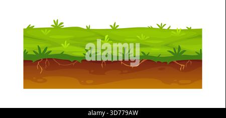 Wildboden Bodenschicht aus Gras. Cartoon-Vektor-grüne Grasfläche mit Wurzeln. Natürliche, nahtlose Textur von Wiesen mit Gras, Schmutz und Erde Stock Vektor