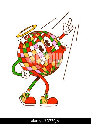 Flippiger Weihnachtsdisco-Ball mit fröhlichem Lächeln und goldenem Halo. Grooviges Vektor-Maskottchen mit Spiegeln und Retro-Trippy-Elementen für Weihnachten ho Stock Vektor