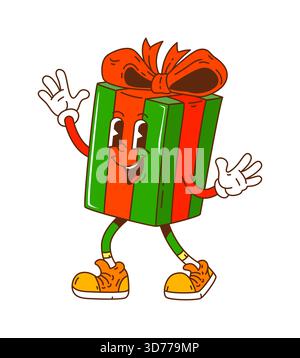 Grooviger, funkiger Weihnachtsgeschenk-Charakter mit Happy Lächeln, roter Schleife und coolen gelben Sneakers. Retro-Maskottchen mit Vintage-Design und Comic-Design der 70er Jahre Stock Vektor