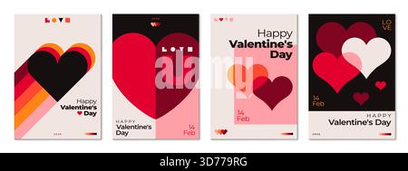 Retro-Poster zum Valentinstag mit auffälligen geometrischen Herzformen und Vintage-Typografie. Valentinstag Retro-Poster mit rot, rosa, orange und Stock Vektor