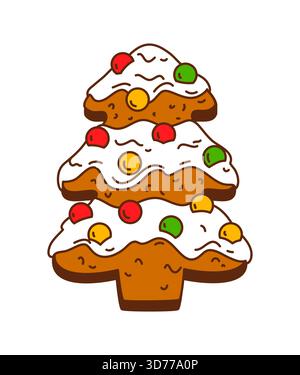 Funky Tannenbaum Lebkuchenkeks mit farbigen Glasur Deko. Grooviger Vektor-Weihnachtskeks für Winterferien und Weihnachtsfeier. Lustige Vektornahrung f Stock Vektor