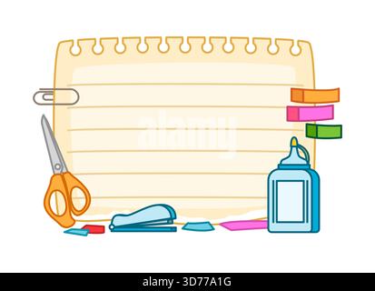 Schulpädagogik-Kinder-Memo-Notiz-Rahmen. Cartoon Vektor linierte Notizbuchseite mit Schulmaterialien um sie herum, Schere, Hefter, Kleber, Büroklammern, und sti Stock Vektor
