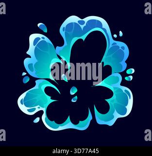 Cartoon Wasserströmung spritzt mit türkisfarbenen und blauen Flüssigkeitstropfen, die sich auf dunklem Hintergrund ausbreiten. Abstrakte Vektordynamik, aquatischer Burst, spritzende Flüssigkeit s Stock Vektor