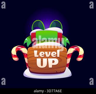Weihnachten Level Up Rang, Weihnachtsspielabzeichen mit Holzschild, Geschenkbox mit grünem Band, Zuckerstangen und Schneekocher. Cartoon Vektor festlich ne Stock Vektor