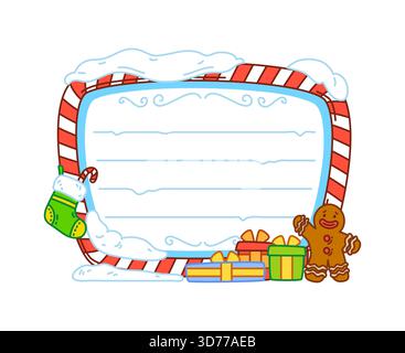Weihnachtsgeschenke, Schnee und Süßigkeiten, Notizzettel für Kinder. Winter Saison Scrapbook Vektorrahmen, Neujahr Tagebuch Notiz. Weihnachtsfeiertage Kinderplaner W Stock Vektor