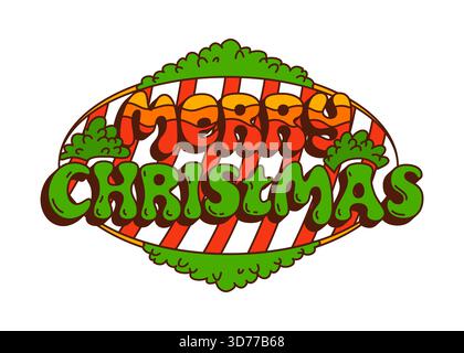 Frohe Weihnachten, grooviges Weihnachtszitat mit Retro-Vibe. Rot-orangefarbener Text mit Tannenzweig und gestreiftem Dekor. Funky Vektor-Aufkleber für Weihnachten Stock Vektor