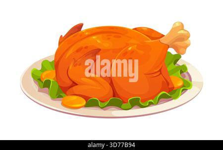 Cartoon Braten truthahn Vektor Gericht für Herbst Thanksgiving Feiertag. Gekochtes Hähnchenessen auf Teller mit Salatblättern. Weihnachtsgericht von r Stock Vektor