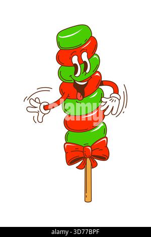 Groovige Weihnachts-Marshmallow-Bonbons am Stock mit rotem und grünem Spiralmuster und festlicher Schleife. Funky Vektor süße Leckerei mit fröhlich lächelndem Gesicht und Stock Vektor