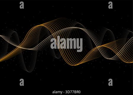 Abstrakte Audiowelle. Schallfrequenzkonzept. Goldene Linie Vektorkurven. Dunkelschwarzer Hintergrund. Stock Vektor