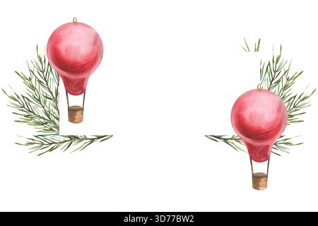 Weihnachten festliche Banner Vorlage mit grünen Fichtenzweigen und Vintage roten Ballons Weihnachtsbaum Dekor Aquarellillustration. Neujahrsfeier c Stockfoto