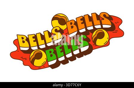 Frohe Weihnachten, grooviges Weihnachtszitat mit Glocken. Rot-orange und grüner Text mit goldenen Glocken und roter Dekoration. Funky Vektor Aufkleber für Weihnachten Ho Stock Vektor