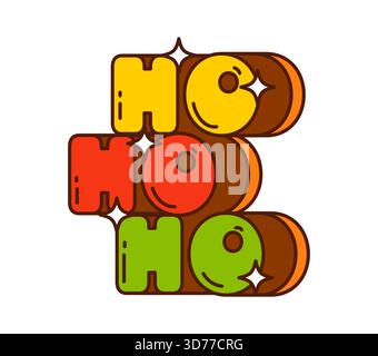 Grooviges Ho ho ho Weihnachtszitat in flippigen gelben, roten und grünen Buchstaben mit Retro-Vibe der 70er Jahre. Vektorpsychedelische Typographie mit Glanzeffekten für festi Stock Vektor