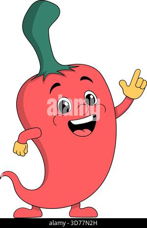 Eine fröhliche Figur aus rotem Chili-Pfeffer mit ausdrucksstarken Augen, einem lächelnden Mund und einer Geste der erhobenen Hand Stock Vektor