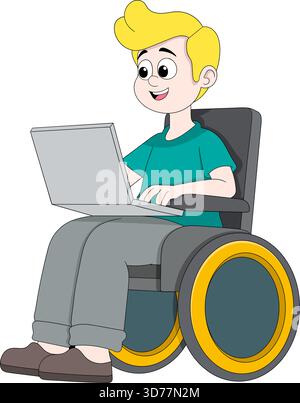Eine freundliche Zeichentrickdarstellung eines behinderten Arbeiters, der im Rollstuhl sitzt und einen Laptop benutzt Stock Vektor