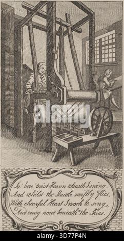 Ätzen mit dem Titel „Lo! Hier schwinge ich zwischen Himmel und Erde... Lehrlinge an ihren Webstühlen...“, aus dem Buch „Divine Miscellanies“, das um 1756 entstand. Der Ausdruck hat Abmessungen von 15,4 x 9,5 cm (6 1/16 x 3 3/4 Zoll) Stockfoto