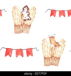 Aquarell-Weihnachtsmuster mit Fäustlingen, Weihnachtsbaumschmuck, Girlande, Flaggen und Lebkuchenkeksen. Handgezeichnet. Weißer Hintergrund. Stockfoto