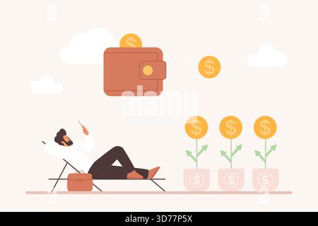 Entspannter Mann, der Geld aus Investitionen verdient, Geldbörse, die Münzen von wachsenden Pflanzen erhält, symbolisiert passives Einkommen und Finanzwachstum, moderne Geschäfts- und Finanzvektorillustration Stock Vektor