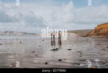 Drei Leute laufen am Strand, mit dem Meer im Hintergrund. Die Szene ist friedlich und entspannend, da die Leute einen gemütlichen Spaziergang genießen Stockfoto