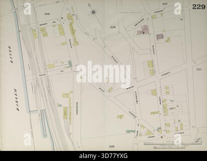 Bronx, V. 10, Double Page Plate No. 229 Karte begrenzt durch Orchard St., Union St. und den Harlem River. Veröffentlicht von der Sanborn Map Company, herausgegeben zwischen 1884 und 1891. Der Schwerpunkt liegt auf Feuerversicherungen, Immobilien und Städten im Bundesstaat New York Stockfoto