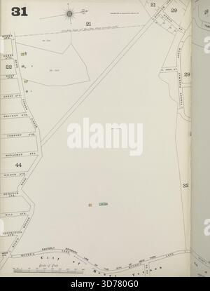 Platte Nr. 31 der Bronx, begrenzt durch Mundy's Lane und King's Bridge Road, erstellt von der Sanborn Map Company. Die Karte wurde zwischen 1884 und 1897 herausgegeben und bezieht sich auf Feuerversicherungen, Immobilien, Städte und Städte im Bundesstaat New York Stockfoto