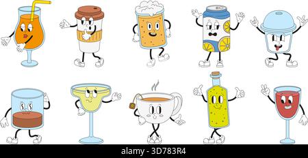 Groovige Drinks. Kaffee, Tee, Cocktails, Limonade und Saft. Isolierte Vintage-Getränke, trendiger Charakter der 80er Jahre 90er Jahre, neoterische Vektorset Stock Vektor