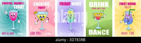 Poster mit groovigen Figuren und Cocktails. Einladungskarten für Partys oder Banner für Bar, Café, Beach Club. Festliche Getränke, Smoothie und alkoholischer Cocktail Stock Vektor
