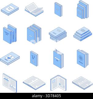 Isometrisches Zeilenbuch. Stapel von Büchern, verschiedene Lehrbücher Notizbücher. Pädagogische Leseelemente für Schule, Hochschule. Bibliothek oder Buchhandlung, raffiniert Stock Vektor