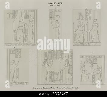 Das Bild zeigt eine Darstellung von Ptolemaeer, die speziell auf Ptol verweist. XVI. Cäsar bei Erment Armant. Sie umfasst beschriftete Merkmale wie Säulen (a-d), eine Säule (e) und die äußere Nordwand der Cella (f). Das Kunstwerk wurde von Ernst Weidenbach zwischen 1849 und 1856 in Berlin geschaffen und von der Nicolaischen Buchhandlung herausgegeben. Die Arbeiten beziehen sich auf ägyptische Antiken, insbesondere Tempel und symbolische Elemente wie das Sistrum, die die Geschichte Ägyptens ab 332-30 v. Chr. beleuchten. Insgesamt sind sechs Bilder auf einer Seite zu sehen Stockfoto