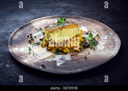 Gebratenes Fischfilet aus nordischem Kabeljau mit safran-Risottoreis, grünem Gemüse und Parmesankäse Stockfoto