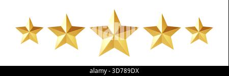 Fünf goldene Sterne in Einer Reihe auf weißem Hintergrund für Celebration Awards und Anerkennung Stock Vektor