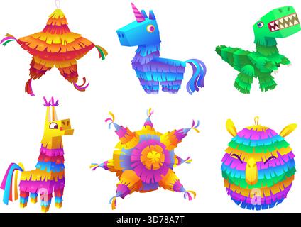 Mexikanische Pinatas. Dekoratives Papierspielzeug für Partyspiele exakte Vektorspielzeuge mit Süßigkeiten und Süßigkeiten Originalkunstwerk Stock Vektor