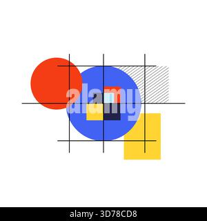 Geometrische abstrakte Komposition im Bauhausstil mit Primärfarben und dünnen Linien. Stockfoto