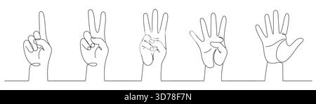 Ein Satz Hände in einzeiliger Ausführung. Mit den Fingern von eins bis fünf zählen. Auf die Finger zählen. Körpersprache. Das Konzept kommunikativer Gesten. Stock Vektor