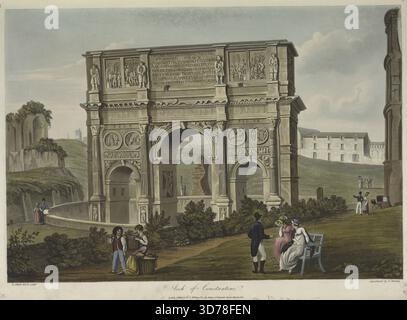 Arch of Constantine, 1820, von Henry Abbot. Aquarelldruck in Farbe von 46,3 x 33 cm, veröffentlicht in London bei Baldwin, Cradock und Joy. Das Bild zeigt den Konstantinsbogen in Rom, Italien, der seine architektonischen Details als Triumphbogen darstellt Stockfoto