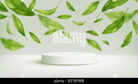 Schwebende grüne Blätter über Einem weißen Podium in Einer frischen Naturszene, Ein moderner Display-Vektor-Illustrationshintergrund Stock Vektor
