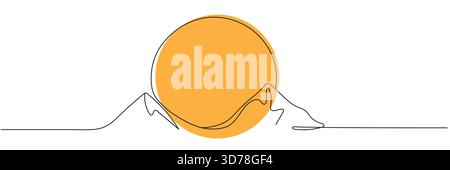 Eine durchgehende Linienzeichnung einer Berglandschaft und Sonne in einem einfachen Linienstil, isoliert auf weißem Hintergrund. Vektorabbildung, bearbeitbare Linie Stock Vektor