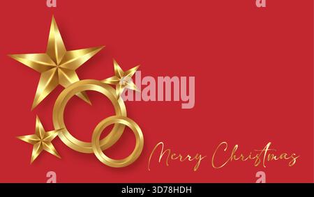 Weihnachtsdekoration mit Sternen und goldenen Kugeln und funkelnden Glitzern auf rotem Hintergrund. Fröhliche Weihnachten und Happy New Year Design-Rahmen Stock Vektor