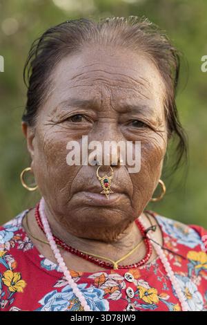 Chitwan, Nepal - 26. Oktober 2025: Blick auf das Gesicht einer älteren Tharu-Frau, verziert mit traditionellem Goldschmuck und einem leuchtend roten Blumenmuster Stockfoto