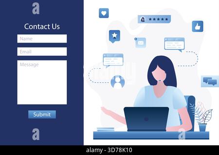 Kontaktformular-Vorlage. Online-Support-Startseite. Kundensupport-, Chat- und Helpdesk-Konzept. Beraterin oder Assistentin, die mit dem Kunden spricht. Stock Vektor