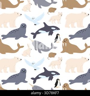 Dieses lebhafte Design zeigt eine Vielzahl von arktischen und Meerestieren, darunter Eisbären, Robben und Pinguine. Die niedlichen Illustrationen machen es ideal für Stock Vektor
