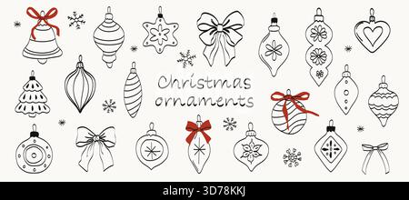 Ein Set mit Vintage-Weihnachtsbaumschmuck-Kritzeleien. Kunst für Grußkarten, Hochzeitseinladungen, Posterdesign, Postkarten, Branding, Logo-Design und Ba Stock Vektor