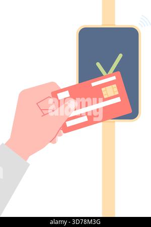 Online-Zahlungskonzept. Human Holding Kreditkarte und Pay in Terminal für Parken oder Ticket für öffentliche Verkehrsmittel, U-Bahn, Bus, Vektorkonzept Stock Vektor