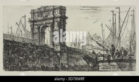 Ätzung des Arco di Trajano in Ancona, geschaffen von Giovanni Battista Piranesi zwischen 1748 und 1751. Der Druck misst 13,5 x 27 cm (5 5/16 x 10 5/8 Zoll) bei einer Gesamtblattgröße von 38 x 53 cm (14 15/16 x 20 7/8 Zoll). Das Werk zeigt architektonische Details dieses Triumphbogens in Italien Stockfoto