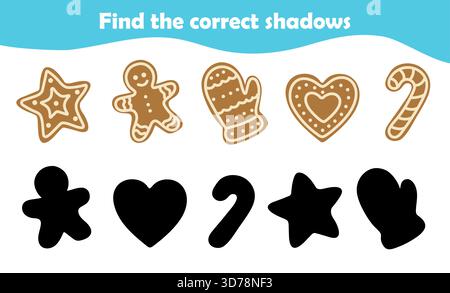 Nehmen Sie an einer festlichen Aktivität Teil, indem Sie farbenfrohe Lebkuchenformen mit den richtigen schwarzen Gegenstücken kombinieren. Perfekt für Familienspaß während der h Stock Vektor