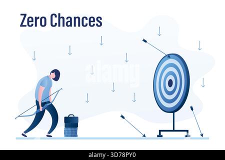 Keine Chancen, Geschäftsfrau Loser mit Bogenschießen. Kein Ziel treffen, Pfeile herum. Traurige weibliche Figur, die mit Bogen und Pfeilen ins Ziel zielt. Nicht erfolgreich e Stock Vektor