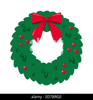 Weihnachtstürkranz. Winter-Weihnachtskranz mit Schleife und roten Beeren. Dekoratives Designelement für den Urlaub. Abbildung isolierter flacher Vektor. Stock Vektor