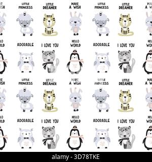 Nahtloses Muster mit verschiedenen niedlichen Tieren. Kritzele Textur Vorlage mit entzückenden Haus- und Wildtieren im skandinavischen Stil. Wildtiere und Text Stock Vektor