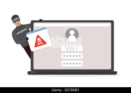 Männlicher Cartoon-Hacker in Maske installiert Malware auf Laptop. Spamming, Online-Virenangriff. Notebook ohne Antivirensoftware. Anonym mit Spam-Nachricht. Netzwerk Stock Vektor
