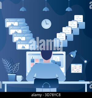 Mann-Mitarbeiter sitzt vor dem Bildschirm, Rückansicht. Spammer bei der Arbeit. Spam-Mails und Werbebotschaften. Gruppen-Mailings und Marketingbotschaften. M Stock Vektor