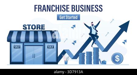 Glücklicher, erfolgreicher Geschäftsmann, der auf dem Wachstumspfeil sitzt. Vorlage für die Landing-Page für Franchise-Unternehmen. Gewinnvorteil für männliche Charaktere, Ladenfront in tr Stock Vektor
